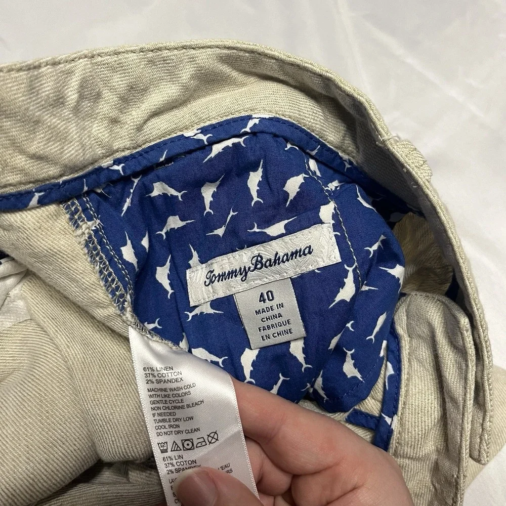 Tommy Bahama Shorts Mens 40 Beige Linen Blend Flat Front Marlin Logo 10